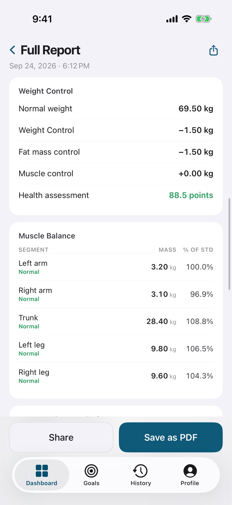 intelli8 App screen: weight control and muscle balance
